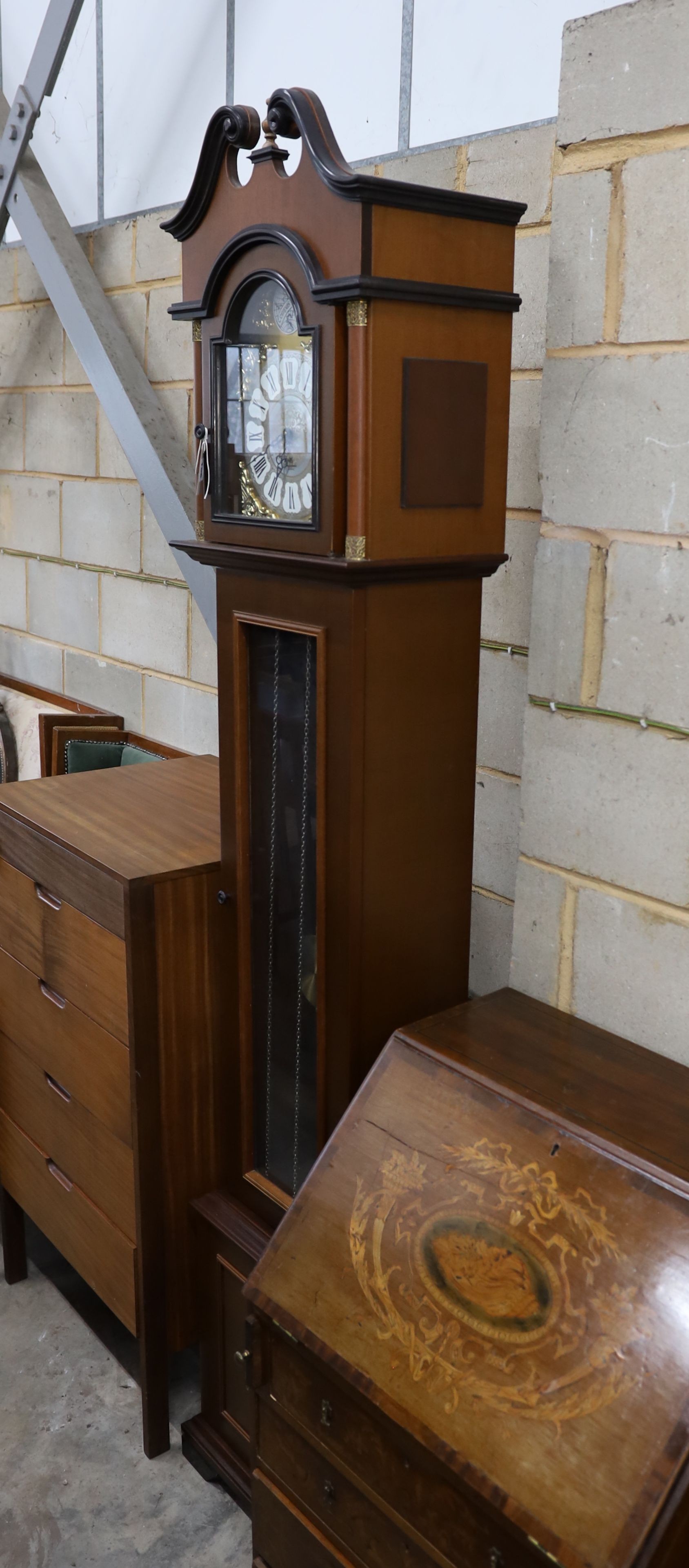 A reproduction German mahogany 'Tempus Fugit' longcase clock, height 215cm